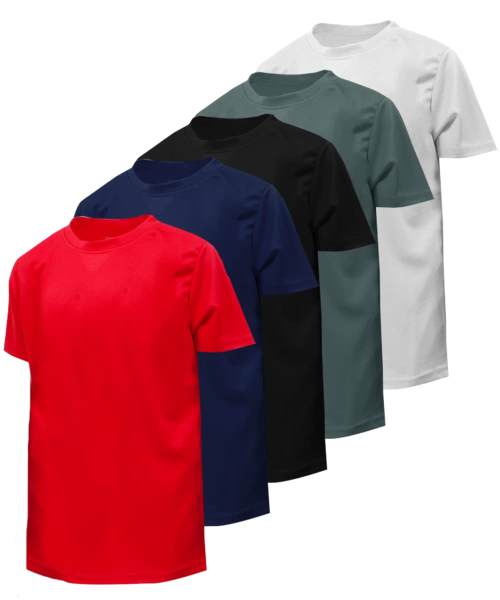 BROOKLYN VERTICAL Boy’s 5-Pack Quick Dry Moisture Wicking Active Athletic Performance Crewneck T-Shirt