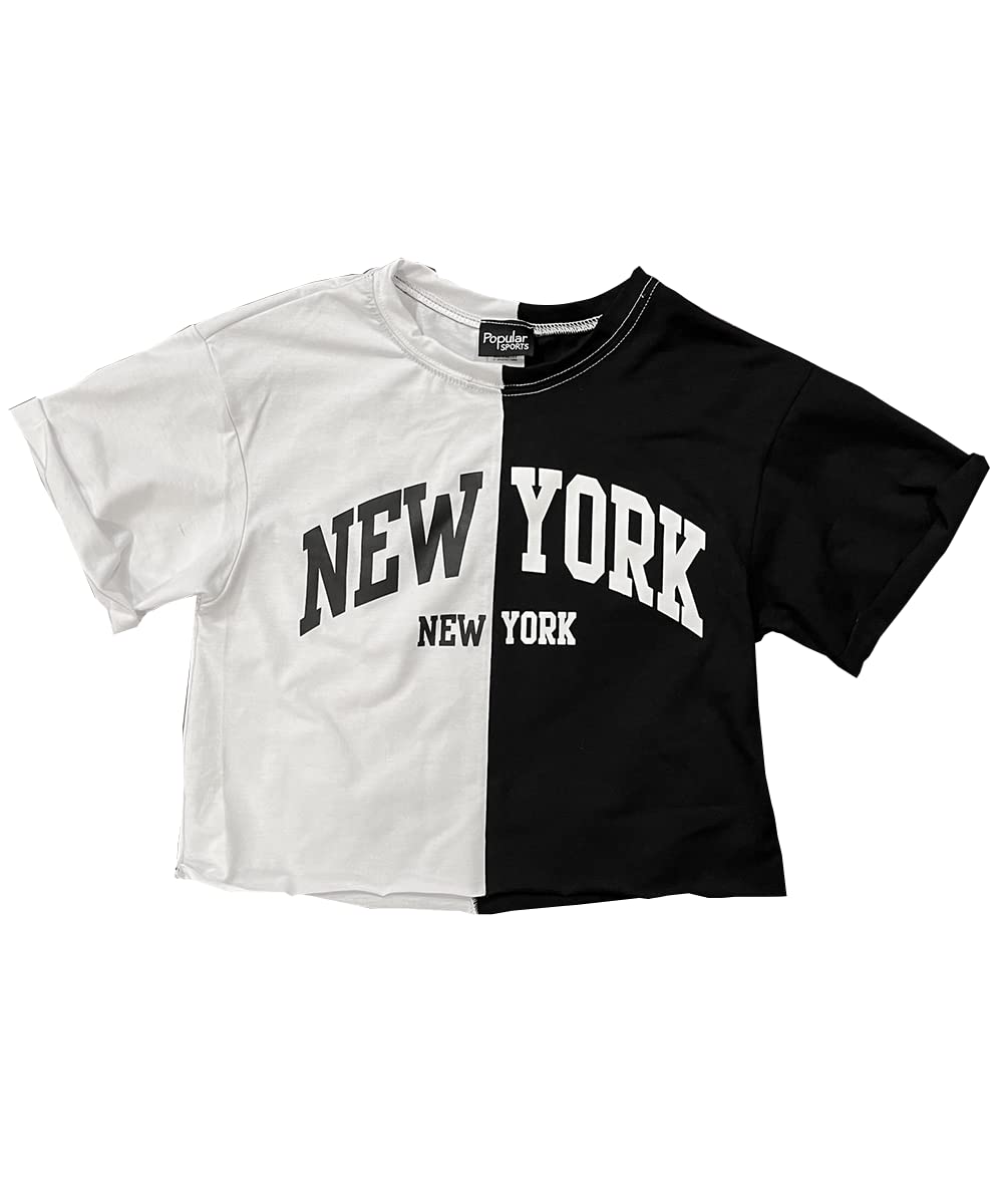 Junior's Girls Two Tone Split Print Crop T-Shirt