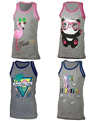 MISS POPULAR 4-Pack Girls Sleeveless Tank Tops Cute Designs Summer Heat Friendly |Sizes 4-16