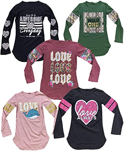 MISS POPULAR Girls Multi-Pack Long Sleeve T-Shirt with Chest and Sleeve Print | Cute Fashion Prints for Girls Size 4-16…