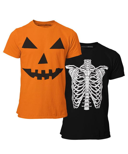 2-Pack Halloween Kids Youth Printed T Shirt Pumpkin Skeleton Bones Ages 6-20