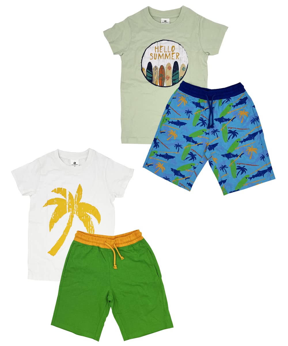 Boys 4 Piece T-Shirt Short Sets Cotton French Terry Jogger Shorts w Drawstring and Pockets| Sports & Casual