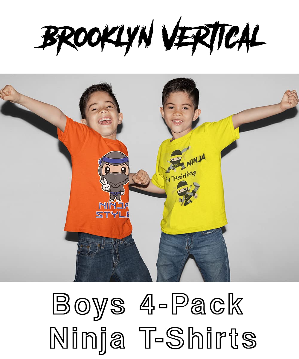 4-Pack Boys Ninja Short Sleeve Crew Neck T-Shirt with Chest Print | Soft Cotton Sizes 6-20