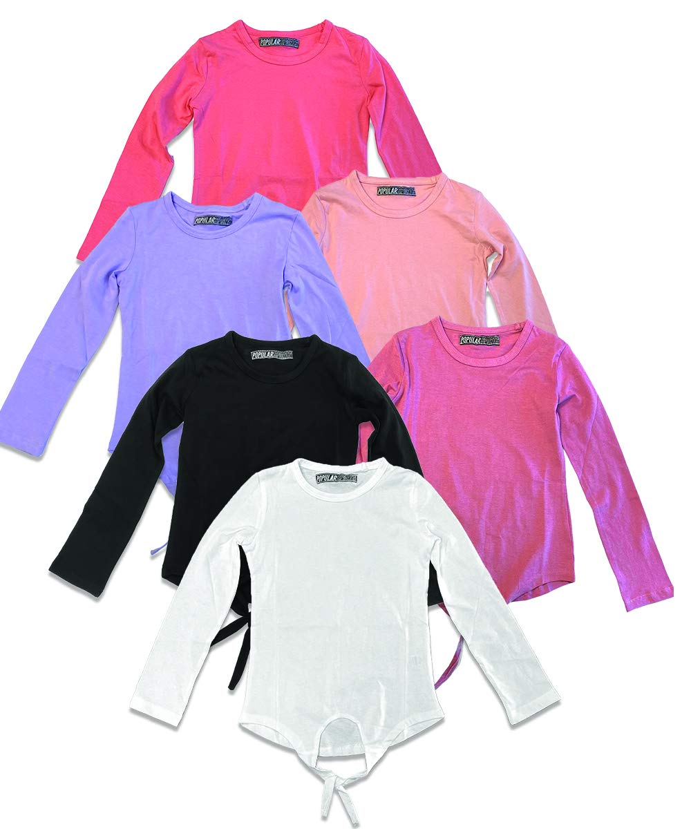 Multi -Pack Girls Kids Long Sleeve T Shirt with Tie Front Cotton Crew Neck Soft Fabric Many Colors Size 4-16