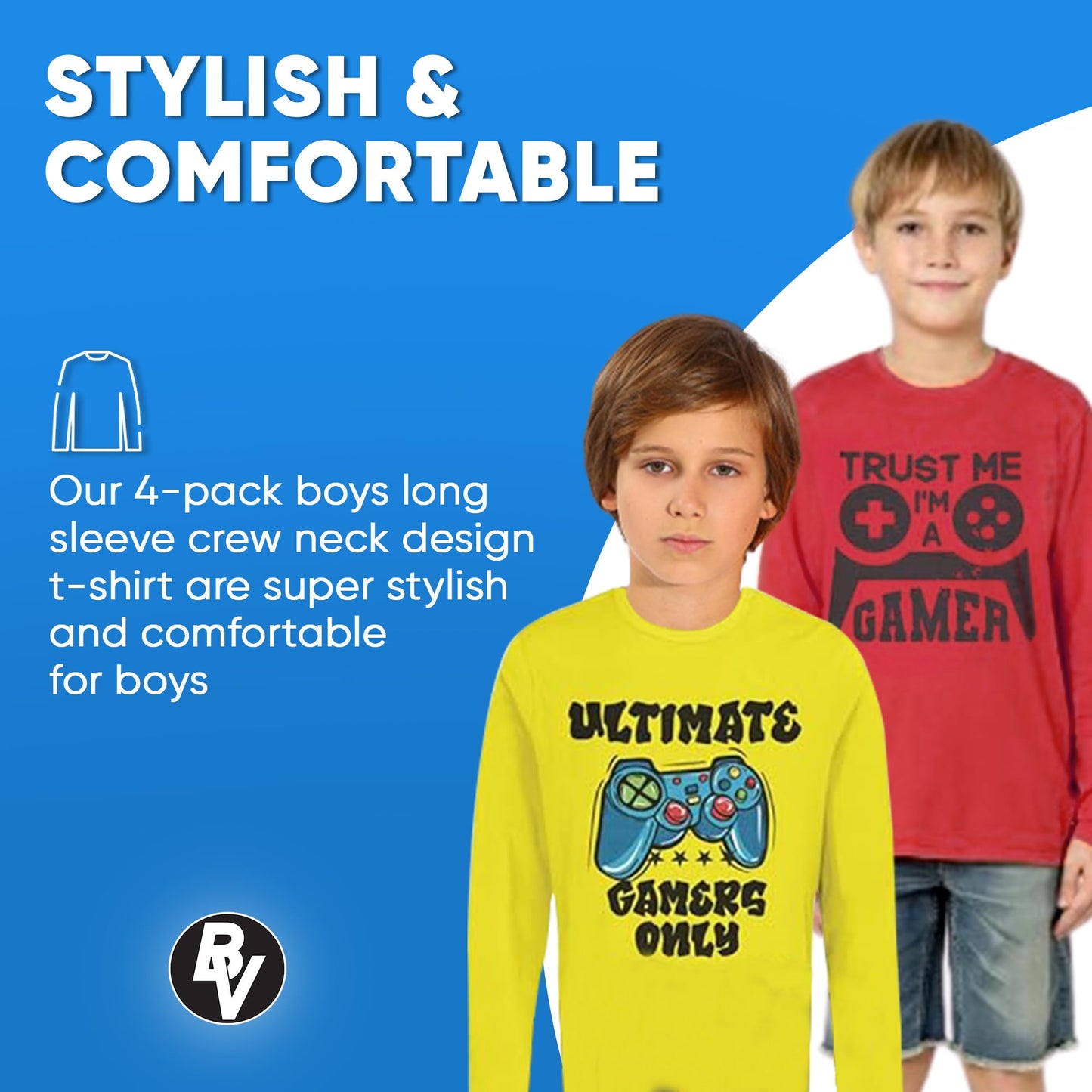 BROOKLYN VERTICAL 4-Pack Boys Long Sleeve Crew Neck T-Shirt with Chest Print | Soft Cotton Sizes 6-20