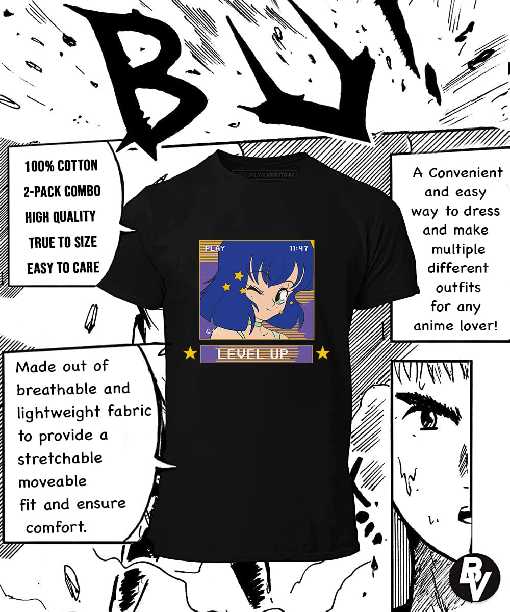 BROOKLYN VERTICAL 2-Pack Anime Japanese Art Print Short Sleeve T-Shirts for Boys and Girls | Sizes 6-16