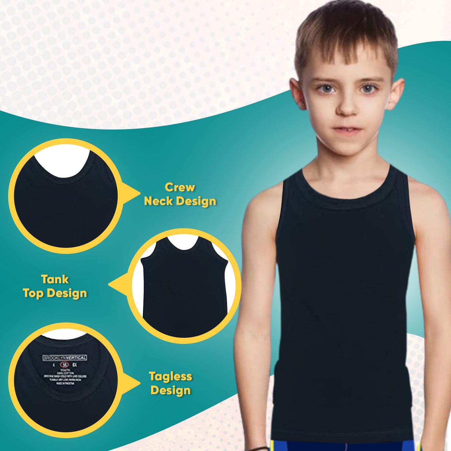 BROOKLYN VERTICAL Boys 4 Pack Undershirt Tank Top - Tagless Cotton Super Soft