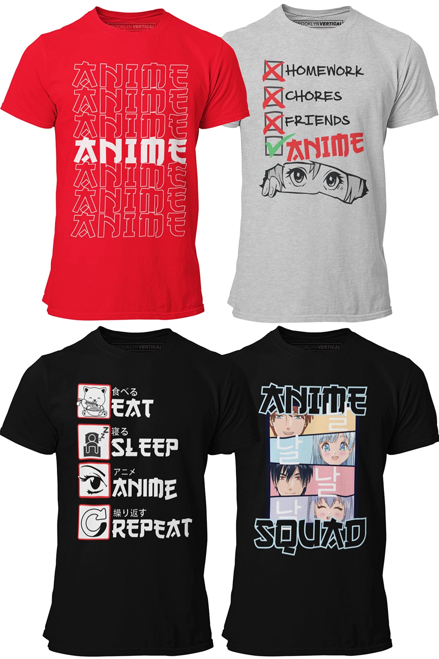 4-Pack Anime Japanese Art Short Sleeve Printed T-Shirts for Boys and Girls Ages 6 to 20| Size S-XL