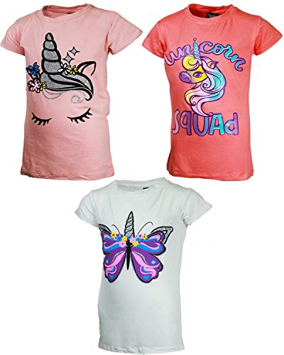 MISS POPULAR Girls 3-Pack Super Soft Short Sleeve T-Shirts Unicorn Butterfly Glitter Print Cute Design| Sizes 7-16