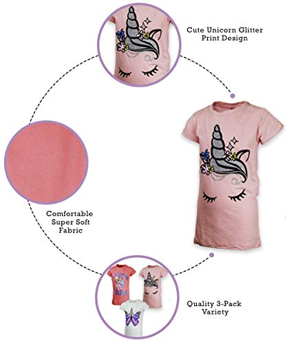 MISS POPULAR Girls 3-Pack Super Soft Short Sleeve T-Shirts Unicorn Butterfly Glitter Print Cute Design| Sizes 7-16