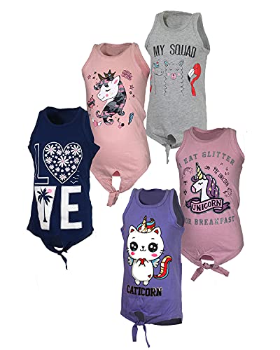 MISS POPULAR 5-Pack Girls Sleeveless Tank Tops with Tie Front Cute Designs Summer Heat Friendly |Sizes 4-16