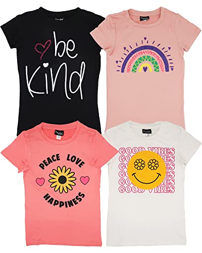 MISS POPULAR Girls 4-Pack Super Soft Short Sleeve T-Shirts Rainbow Butterfly Glitter Print Cute Design| Sizes 7-16