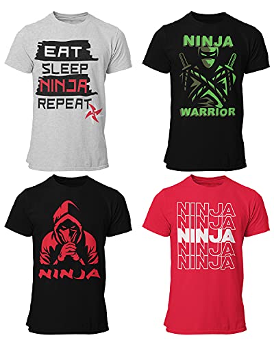 4-Pack Boys Ninja Short Sleeve Crew Neck T-Shirt with Chest Print | Soft Cotton Sizes 6-20