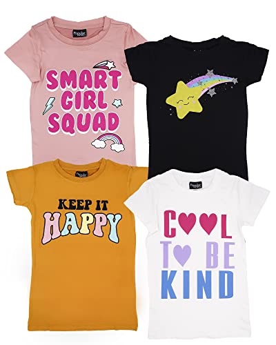 MISS POPULAR Girls 4-Pack Super Soft Short Sleeve T-Shirts Rainbow Butterfly Glitter Print Cute Design| Sizes 7-16