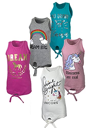 5-Pack Girls Sleeveless Tank Tops with Tie Front Cute Designs Summer Heat Friendly |Sizes 4-16