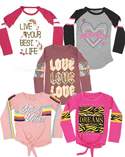 MISS POPULAR Girls Multi-Pack Long Sleeve T-Shirt with Chest and Sleeve Print | Cute Fashion Prints for Girls Size 4-16…