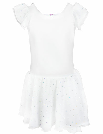 Girls Leotard Ballet Dance Dress with Round Sequins Sparkled Ruffle Sleeves and Tutu