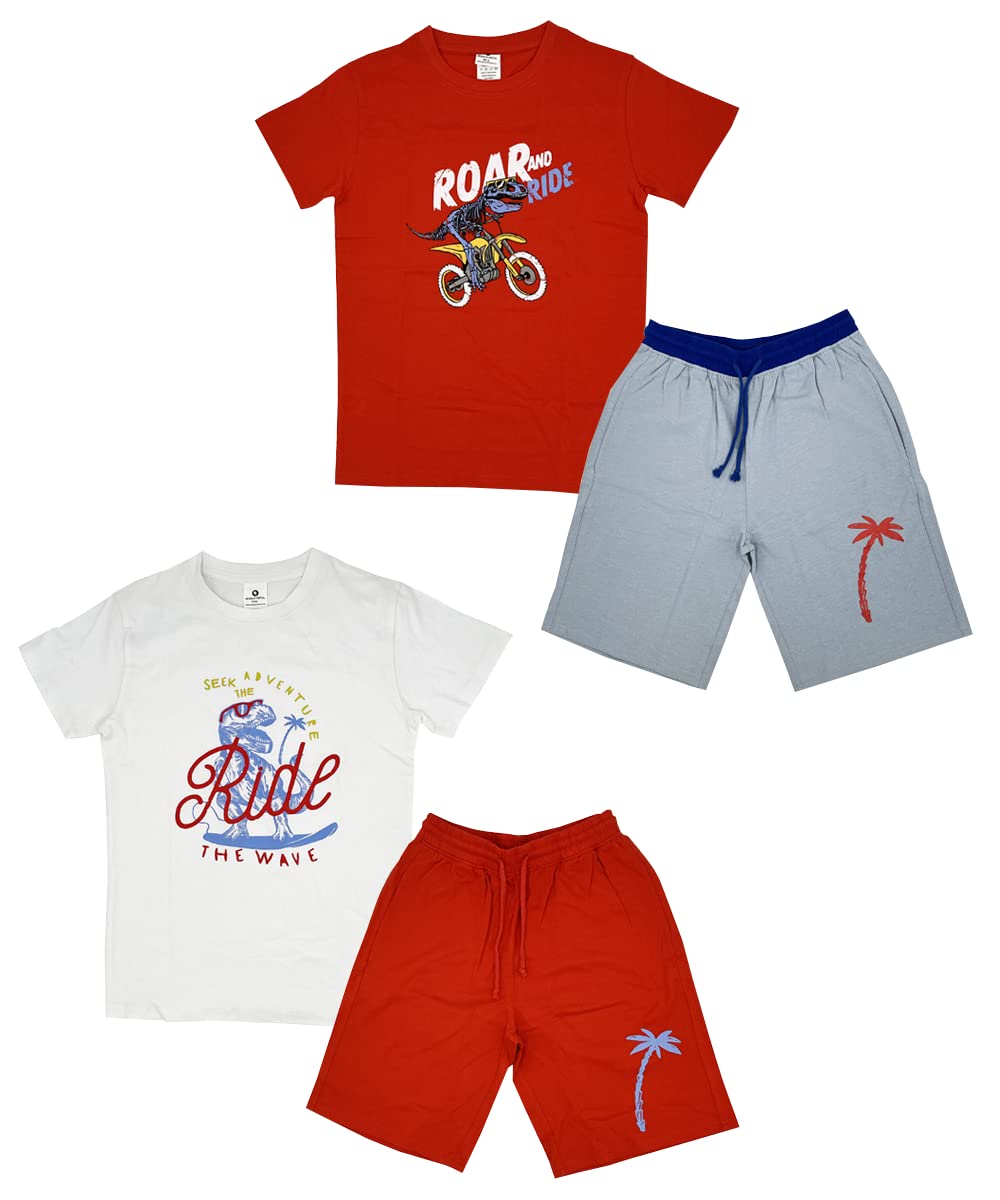 Boys 4 Piece T-Shirt Short Sets Cotton French Terry Jogger Shorts w Drawstring and Pockets| Sports & Casual