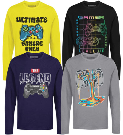 BROOKLYN VERTICAL 4-Pack Boys Long Sleeve Crew Neck T-Shirt with Chest Print | Soft Cotton Sizes 6-20