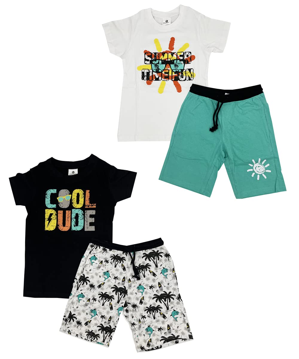 Boys 4 Piece T-Shirt Short Sets Cotton French Terry Jogger Shorts w Drawstring and Pockets| Sports & Casual