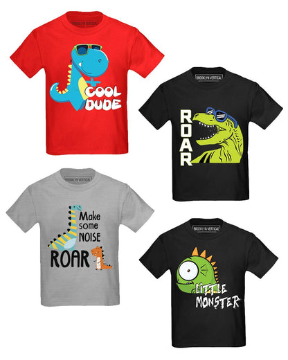 Boys Toddler 4-Pack Short Sleeve T-Shirts with Chest Print| Dinosaurs Animals Space Cars Sizes 2T-4T