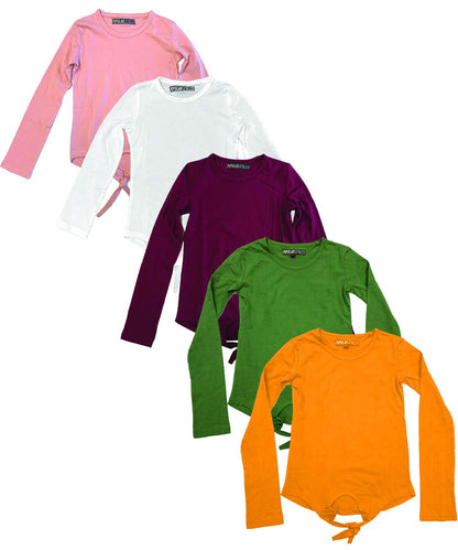 Multi -Pack Girls Kids Long Sleeve T Shirt with Tie Front Cotton Crew Neck Soft Fabric Many Colors Size 4-16