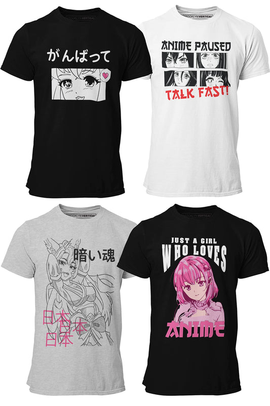 4-Pack Anime Japanese Art Short Sleeve Printed T-Shirts for Boys and Girls Ages 6 to 20| Size S-XL