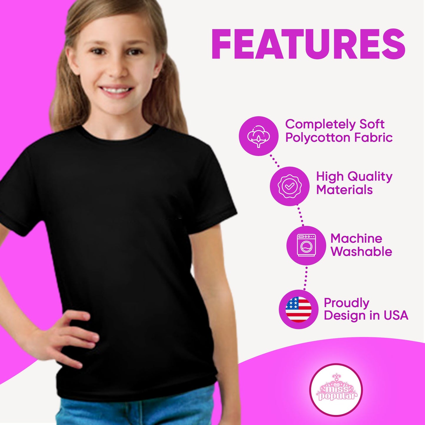 MISS POPULAR Girls' 8-Pack Super Soft Polycotton Short Sleeve Crew Neck T Shirts, Assorted Color Solid Tees