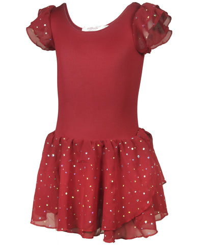 Girls Leotard Ballet Dance Dress with Round Sequins Sparkled Ruffle Sleeves and Tutu