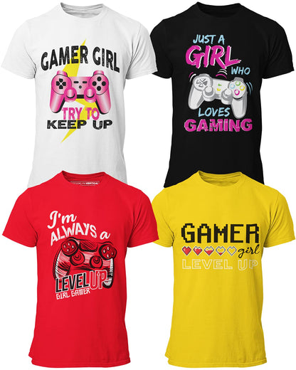 Girls 4-Pack Gaming Short Sleeve Crew Neck T-Shirt with Chest Print| Sizes S-XL