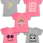 Girls 5-Pack Printed T-Shirts, Pink Grey Short Sleeve, Crew Neck. Unicorn, Panda, Selfie, Rainbow. Size 4-16