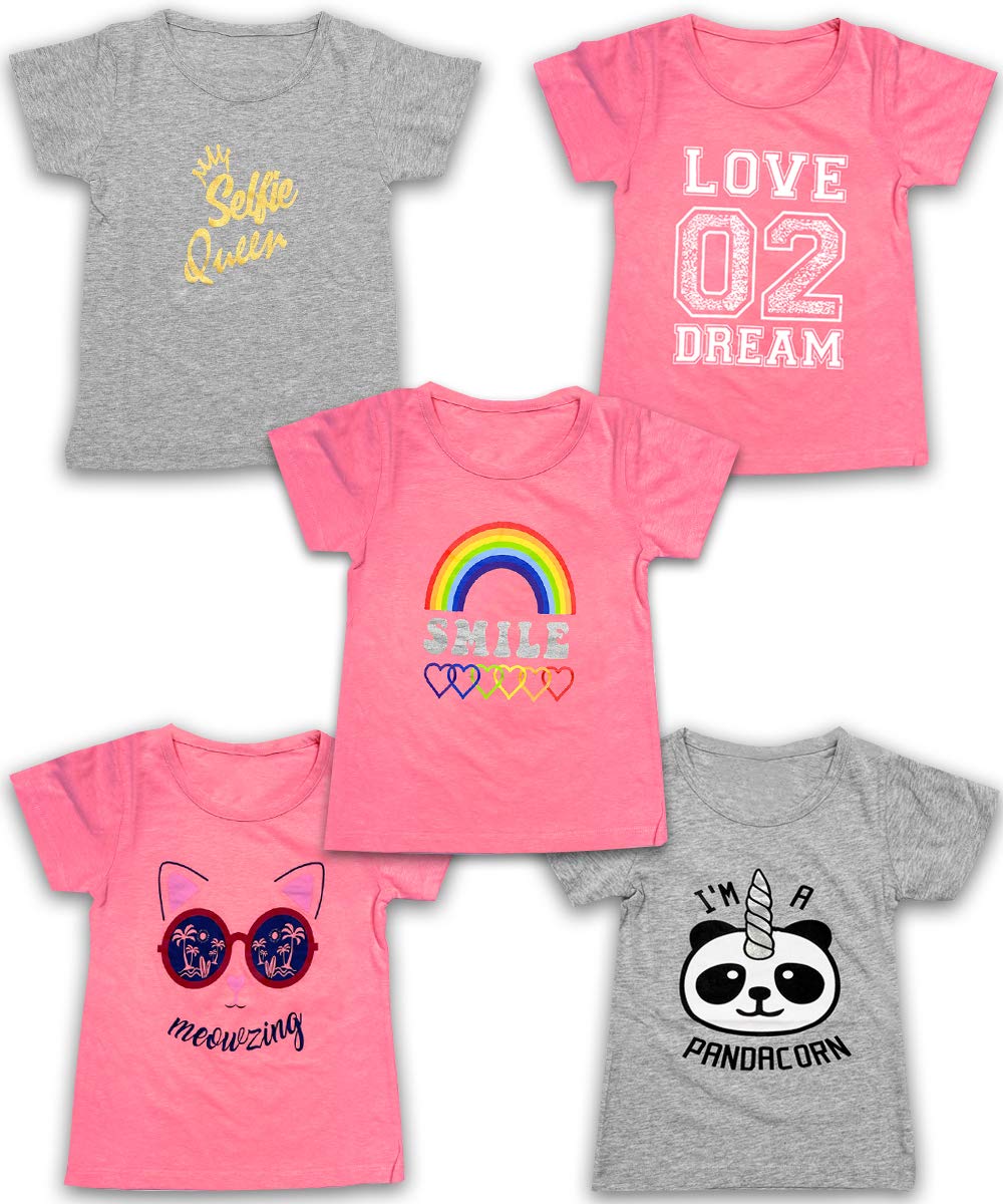 Girls 5-Pack Printed T-Shirts, Pink Grey Short Sleeve, Crew Neck. Unicorn, Panda, Selfie, Rainbow. Size 4-16