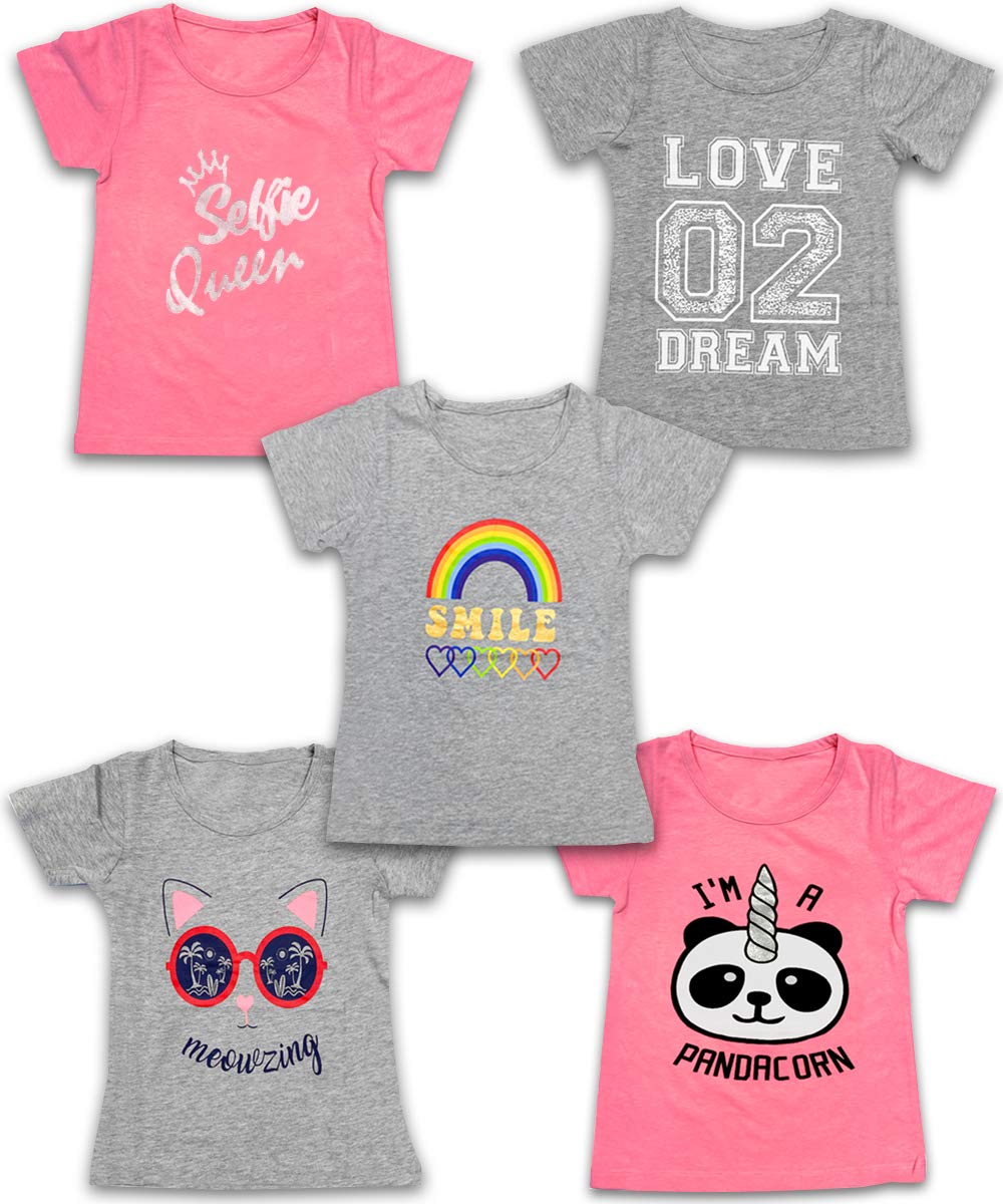 Girls 5-Pack Printed T-Shirts, Pink Grey Short Sleeve, Crew Neck. Unicorn, Panda, Selfie, Rainbow. Size 4-16