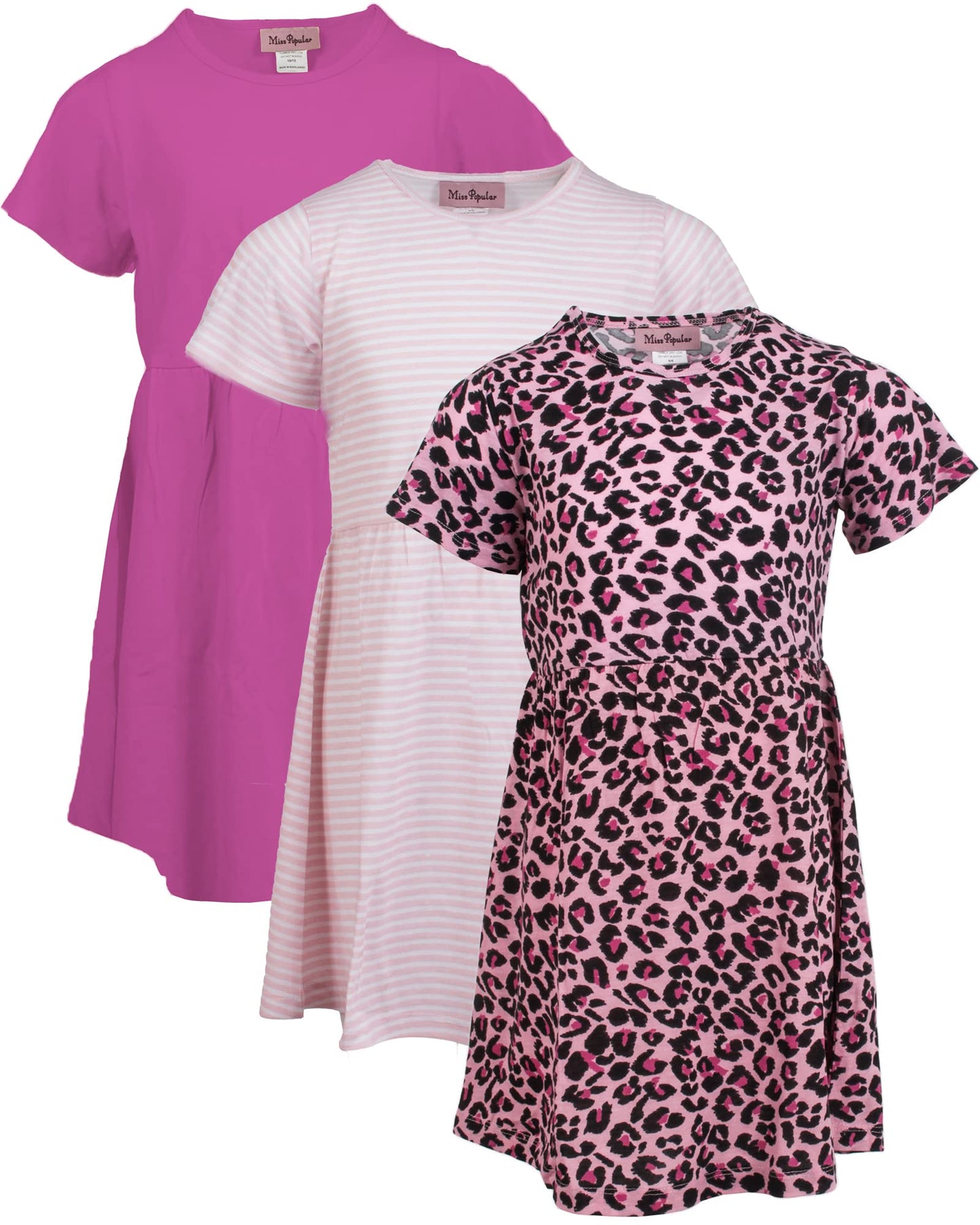 Girls 3 Pack Short Sleeve Skater Dress Soft Cotton Cute Designs Spring Summer | Sizes 4-16