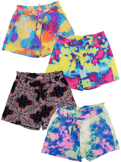 Girls 4Pack Super Soft Paperbag Shorts with Pockets Summer Cute Designs |Sizes 7-16